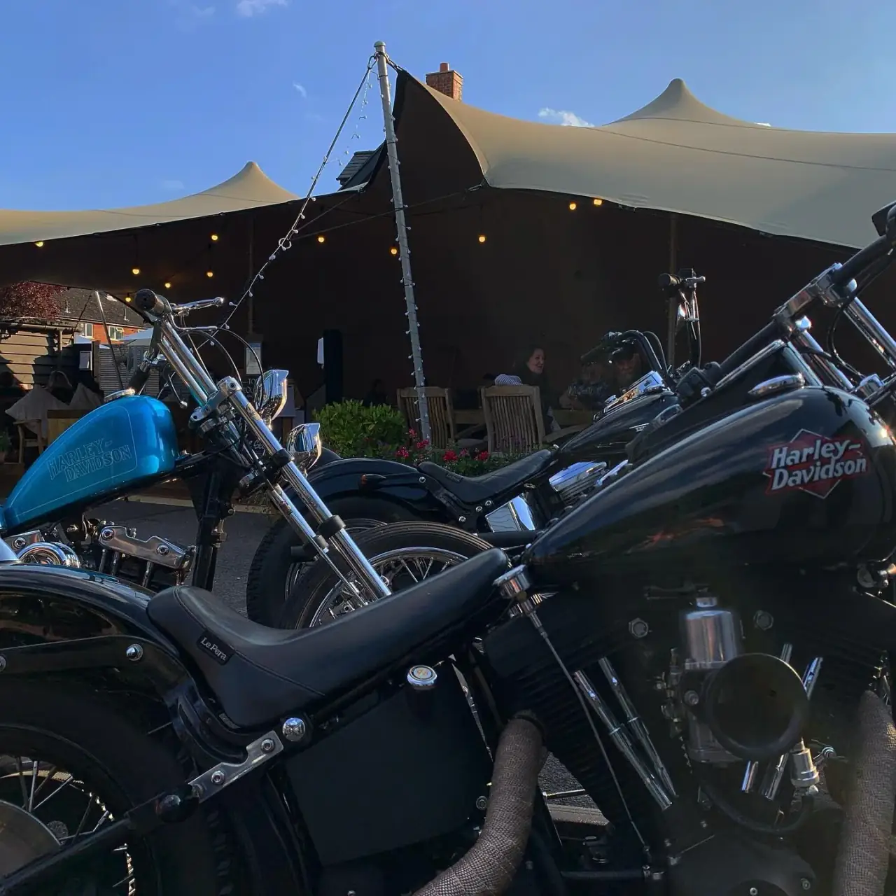 Motorbikes outside The Old George beer garden